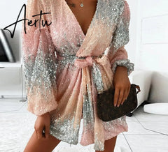 Aiertu Women Chic Deep V neck Sequin Sashes Lantern Sleeve Mini Sexy Party Gradient colour Dress Aiertu