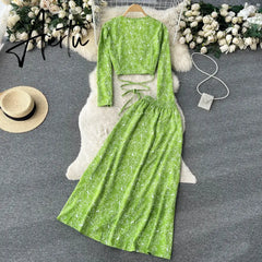 Aiertu Women Chiffon Vacation Bohemian Two Pieces Suits Summer Lace Up Top+ Split Long Skirt Sets Y2K Floral Print Beach Sets Aiertu