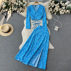 Aiertu Women Chiffon Vacation Bohemian Two Pieces Suits Summer Lace Up Top+ Split Long Skirt Sets Y2K Floral Print Beach Sets Aiertu