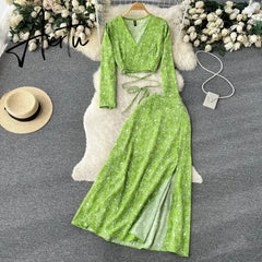 Aiertu Women Chiffon Vacation Bohemian Two Pieces Suits Summer Lace Up Top+ Split Long Skirt Sets Y2K Floral Print Beach Sets Aiertu