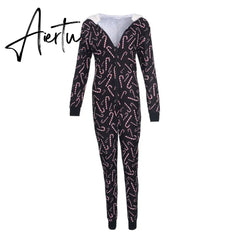 Aiertu Women Christmas Long Sleeve Jumpsuit Cartoon Print V-neck Zipper Romper Pajamas Xmas Hooded Winter Home Sleep Wear Clothes Aiertu