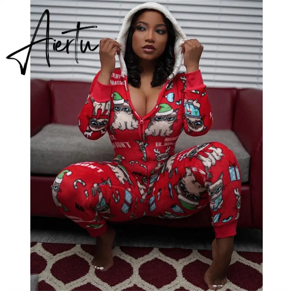 Aiertu Women Christmas Long Sleeve Jumpsuit Cartoon Print V-neck Zipper Romper Pajamas Xmas Hooded Winter Home Sleep Wear Clothes Aiertu