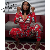 Aiertu Women Christmas Long Sleeve Jumpsuit Cartoon Print V-neck Zipper Romper Pajamas Xmas Hooded Winter Home Sleep Wear Clothes Aiertu