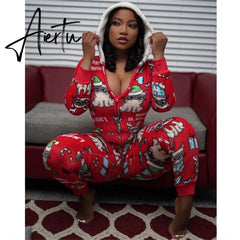 Aiertu Women Christmas Long Sleeve Jumpsuit Cartoon Print V-neck Zipper Romper Pajamas Xmas Hooded Winter Home Sleep Wear Clothes Aiertu