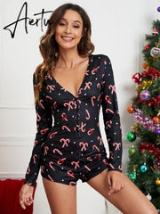 Aiertu Women Christmas Printed Pattern Pajama Button V-neck Long Sleeve Bodycon Playsuit Casual Homewear Red/ Wine Red/ Navy/ Black Aiertu