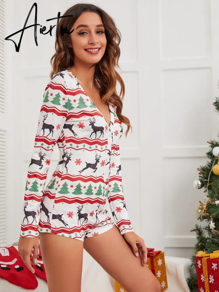 Aiertu Women Christmas Printed Pattern Pajama Button V-neck Long Sleeve Bodycon Playsuit Casual Homewear Red/ Wine Red/ Navy/ Black Aiertu