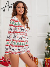 Aiertu Women Christmas Printed Pattern Pajama Button V-neck Long Sleeve Bodycon Playsuit Casual Homewear Red/ Wine Red/ Navy/ Black Aiertu