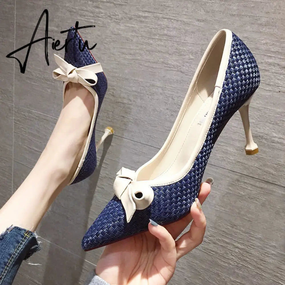 Aiertu Women Cute Blue Comfortable Office High Heel Shoes Lady fashion Sweet Spring Slip On High Heel Pumps Mujer Tacones Altos E273 Aiertu