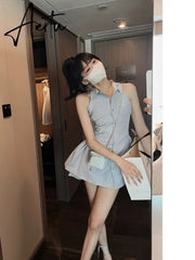 Aiertu Women Dress Solid Kawaii Shirt Dresses Turn Down Collar Preppy Style Sleeveless High Waist Robe Loose Y2k Elegant Streetwear Aiertu