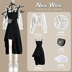 Aiertu Women Dress Suit Autumn New Temperament Dress Design Sense Niche Strap Skirt Two-piece Sets Elegant Sweet Girl Streetwear Aiertu