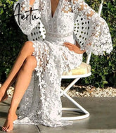 Aiertu Women Dresses Lace Dress Flare Sleeve V-neck Hollow Out Long Sleeve White Plus Size Sexy Long Dresses Party Evening Aiertu