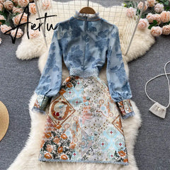 Aiertu Women Embroidery French Style Dress Summer Lace Splice Elegant Bow Neck Long Sleeves Ladies A Line Midi Dresses Aiertu