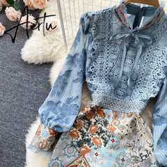 Aiertu Women Embroidery French Style Dress Summer Lace Splice Elegant Bow Neck Long Sleeves Ladies A Line Midi Dresses Aiertu