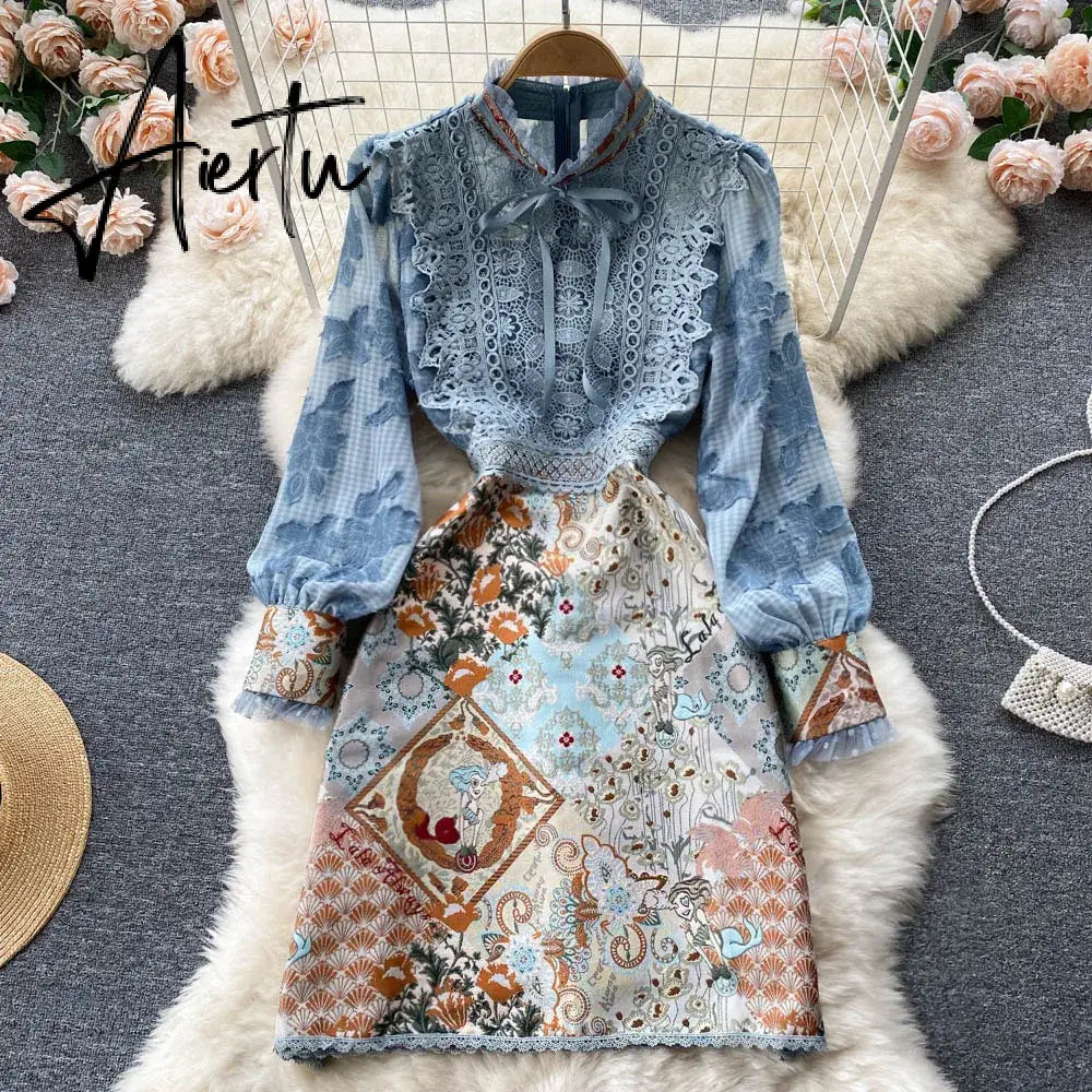 Aiertu Women Embroidery French Style Dress Summer Lace Splice Elegant Bow Neck Long Sleeves Ladies A Line Midi Dresses Aiertu