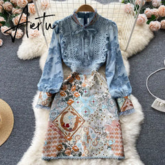 Aiertu Women Embroidery French Style Dress Summer Lace Splice Elegant Bow Neck Long Sleeves Ladies A Line Midi Dresses Aiertu