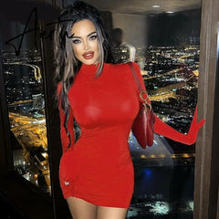 Aiertu Women Fall Fashion Bodycon Folds Pure Color Long Sleeves With Gloves Mini Dress Female Clothing Streetwear Y2K Aiertu
