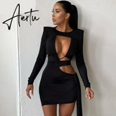Aiertu Women Fall Fashion Bodycon Folds Solid Long Sleeve Hollow Out String Mini Dress Female Clothing Streetwear Y2K Aiertu