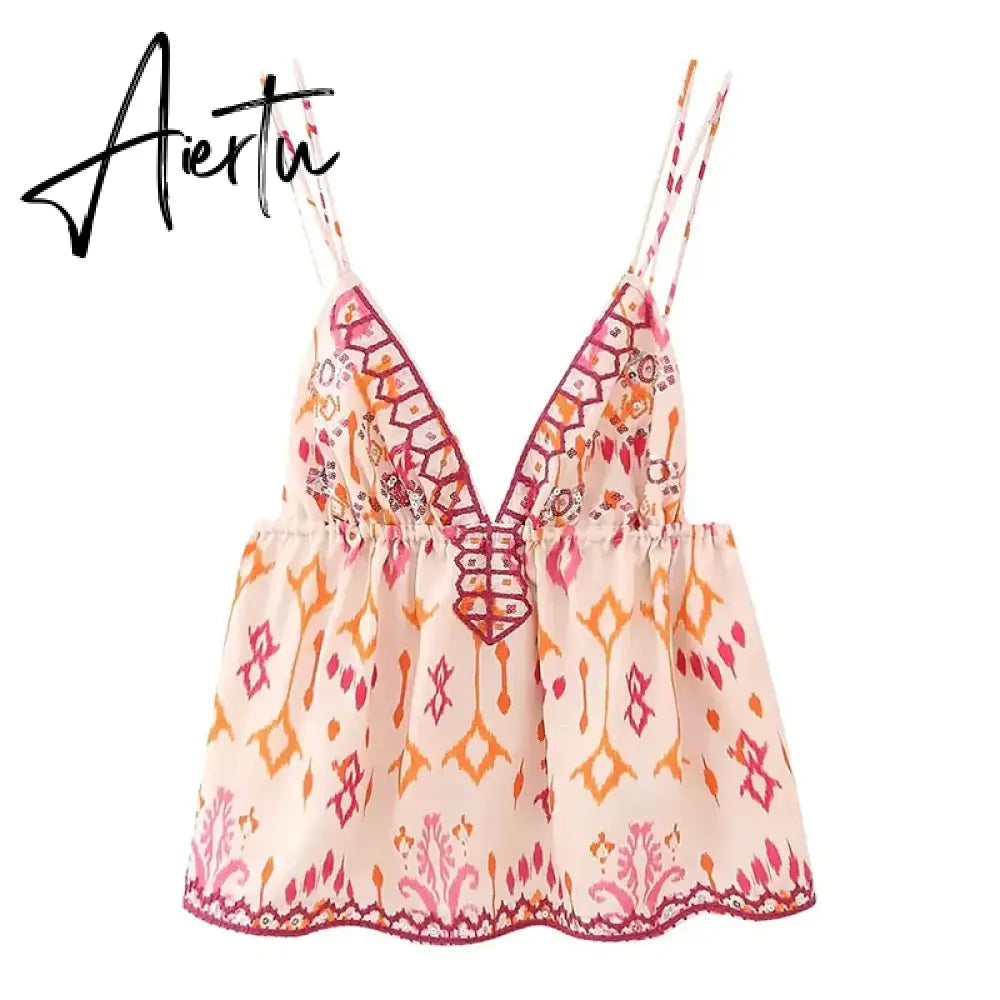 Aiertu Women Fashion Camis Shirring Floral Print V Neck Sleeveless Loose Cropped Tops Female Vintage Hotsweet Mujer Suspenders Aiertu