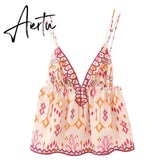 Aiertu Women Fashion Camis Shirring Floral Print V Neck Sleeveless Loose Cropped Tops Female Vintage Hotsweet Mujer Suspenders Aiertu