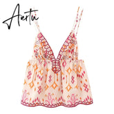 Aiertu Women Fashion Camis Shirring Floral Print V Neck Sleeveless Loose Cropped Tops Female Vintage Hotsweet Mujer Suspenders Aiertu