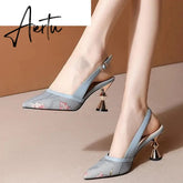Aiertu Women Fashion Color Block Embroidered Pumps Ladies Designer Brand Sandals Pointed Toe High Heels Shoes Aiertu