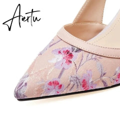 Aiertu Women Fashion Color Block Embroidered Pumps Ladies Designer Brand Sandals Pointed Toe High Heels Shoes Aiertu