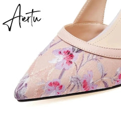 Aiertu Women Fashion Color Block Embroidered Pumps Ladies Designer Brand Sandals Pointed Toe High Heels Shoes Aiertu