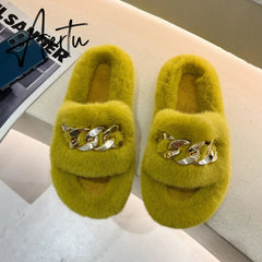 Aiertu Women Fashion Metal Chain Warm Fluffy Slippers Cozy Faux Fur Indoor Floor Outdoor Slides Flat Soft Furry Ladies Celebrities Fli Aiertu