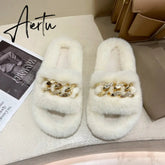 Aiertu Women Fashion Metal Chain Warm Fluffy Slippers Cozy Faux Fur Indoor Floor Outdoor Slides Flat Soft Furry Ladies Celebrities Fli Aiertu