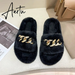 Aiertu Women Fashion Metal Chain Warm Fluffy Slippers Cozy Faux Fur Indoor Floor Outdoor Slides Flat Soft Furry Ladies Celebrities Fli Aiertu