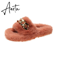 Aiertu Women Fashion Metal Chain Warm Fluffy Slippers Cozy Faux Fur Indoor Floor Outdoor Slides Flat Soft Furry Ladies Celebrities Fli Aiertu