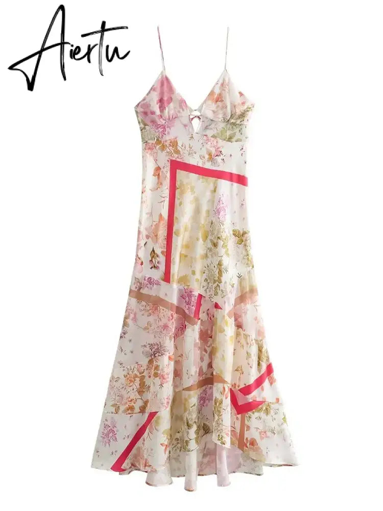 Aiertu Women Fashion Printed Vacation Maxi Dress 2024 Summer Sexy Slim Long Dress Backless Lace-up Sling Boho Dresses Aiertu