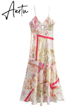 Aiertu Women Fashion Printed Vacation Maxi Dress 2024 Summer Sexy Slim Long Dress Backless Lace-up Sling Boho Dresses Aiertu