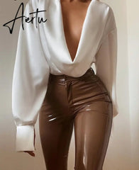 Aiertu Women Fashion Revealing Bodycon Slim Solid Swing Collar Long Sleeves Mini Dress Fall Clothing Sexy Streetwear Aiertu