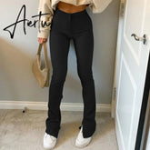 Aiertu Women Fashion Split Flare Pants Solid Color Slim Fit Legging Sweatpants Casual Elastic High Waist Bell-Bottoms Trousers Aiertu