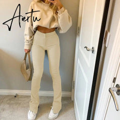 Aiertu Women Fashion Split Flare Pants Solid Color Slim Fit Legging Sweatpants Casual Elastic High Waist Bell-Bottoms Trousers Aiertu