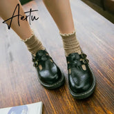Aiertu Women Flats British Style Oxford Shoes Women Autumn Soft Leather Casual Maid Shoes Retro Buckle Flats Dress Shoes for Women Aiertu