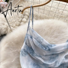 Aiertu Women Floral Spaghetti Strap Dress Elastic Ruched Sexy Hollow Backless Party Dress Summer Boho Vacation Beach Sundress Aiertu