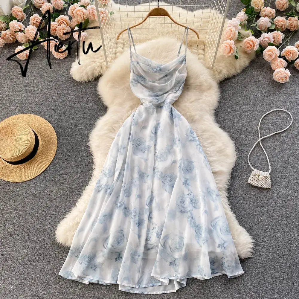Aiertu Women Floral Spaghetti Strap Dress Elastic Ruched Sexy Hollow Backless Party Dress Summer Boho Vacation Beach Sundress Aiertu