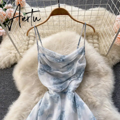 Aiertu Women Floral Spaghetti Strap Dress Elastic Ruched Sexy Hollow Backless Party Dress Summer Boho Vacation Beach Sundress Aiertu