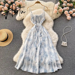 Aiertu Women Floral Spaghetti Strap Dress Elastic Ruched Sexy Hollow Backless Party Dress Summer Boho Vacation Beach Sundress Aiertu