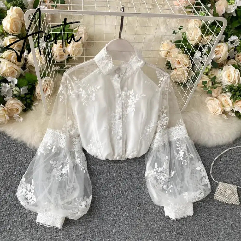 Aiertu Women French Mesh Lace Blouse Stand Collar Three-dimensional Embroidered Puff Sleeves Court Style Slim Shirt Female Blusa Aiertu
