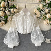 Aiertu Women French Mesh Lace Blouse Stand Collar Three-dimensional Embroidered Puff Sleeves Court Style Slim Shirt Female Blusa Aiertu