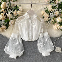 Aiertu Women French Mesh Lace Blouse Stand Collar Three-dimensional Embroidered Puff Sleeves Court Style Slim Shirt Female Blusa Aiertu