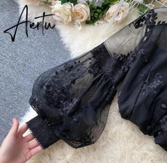 Aiertu Women French Mesh Lace Blouse Stand Collar Three-dimensional Embroidered Puff Sleeves Court Style Slim Shirt Female Blusa Aiertu
