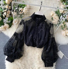 Aiertu Women French Mesh Lace Blouse Stand Collar Three-dimensional Embroidered Puff Sleeves Court Style Slim Shirt Female Blusa Aiertu