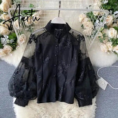 Aiertu Women French Mesh Lace Blouse Stand Collar Three-dimensional Embroidered Puff Sleeves Court Style Slim Shirt Female Blusa Aiertu
