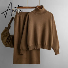 Aiertu Women Gentle Knitted Suits Turtleneck Long Sleeve Loose Pullover+Elastic Waist Bodycon Skirt Winter Fashion Solid Sets Aiertu