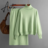 Aiertu Women Gentle Knitted Suits Turtleneck Long Sleeve Loose Pullover+Elastic Waist Bodycon Skirt Winter Fashion Solid Sets Aiertu