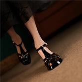 Aiertu Women Genuine Leather Gladiator Sandals Square High Heel Sandals Buckle Narrow Band T-tied Sandals Summer Lady Shoes 40 Aiertu